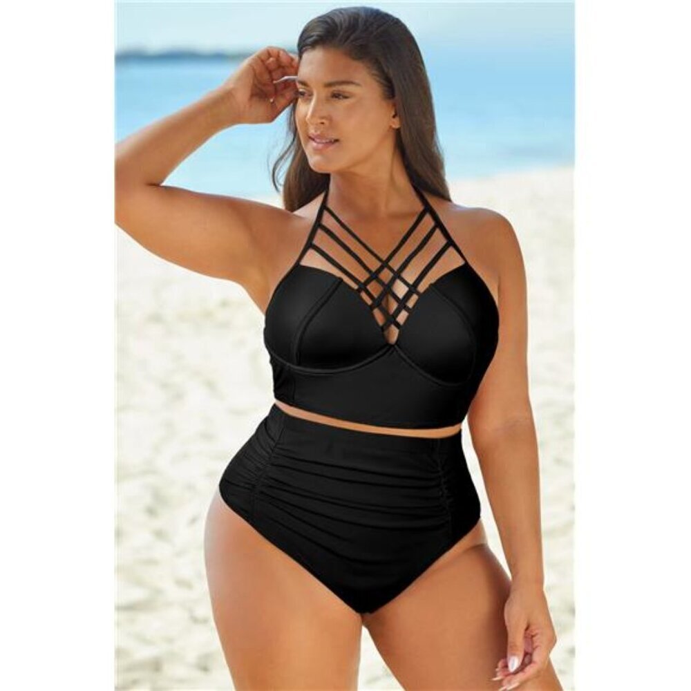 Full Size Halter Neck Crisscross Ruched Two-Piece Swimsuit